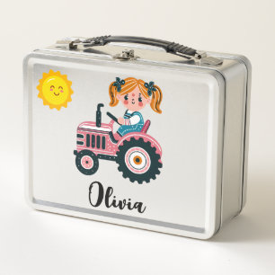 Cute Girl on Pink Tractor Personalised Metal Lunch Box
