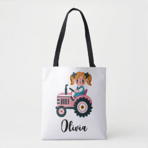 Cute Girl on Pink Tractor Personalised Tote Bag