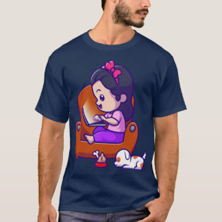 Cute Girl Operating Laptop With Puppy Cartoon T-Shirt