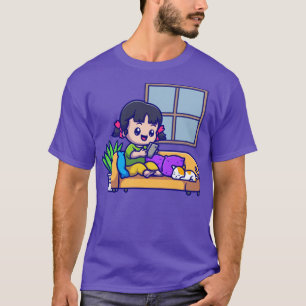 Cute Girl Operating Phone With Cat Cartoon T-Shirt