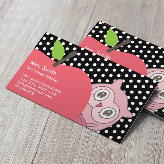 Cute Girl Owl & Apple Tutor Teacher Business Card (Creator Uploaded)