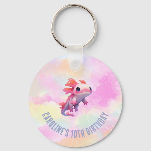 Cute Girl Pastel Rainbow Pink Axolotl Birthday Key Ring (Front)