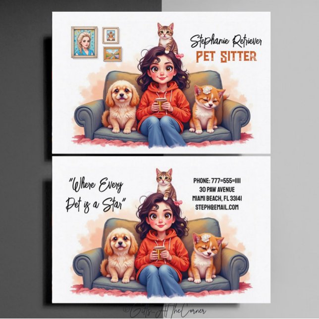 Cute Girl Pet Sitter Dog Walker Business Card (Creator Uploaded)