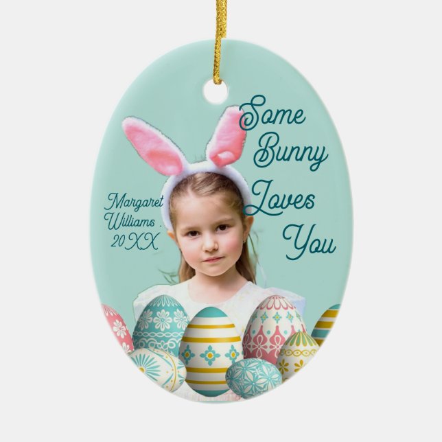 Cute Girl Photo Bunny Ears Blue  Ceramic Ornament (Front)