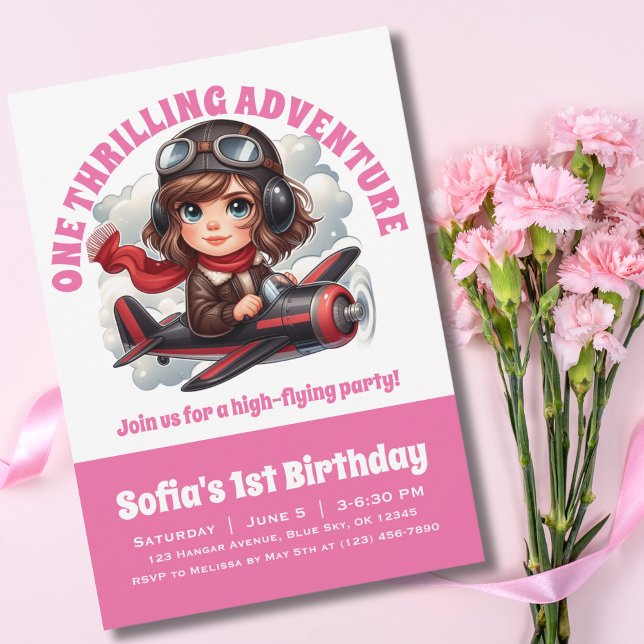 Cute Girl Pilot Flies Aeroplane,Girly Pink Birthda Invitation (Creator Uploaded)