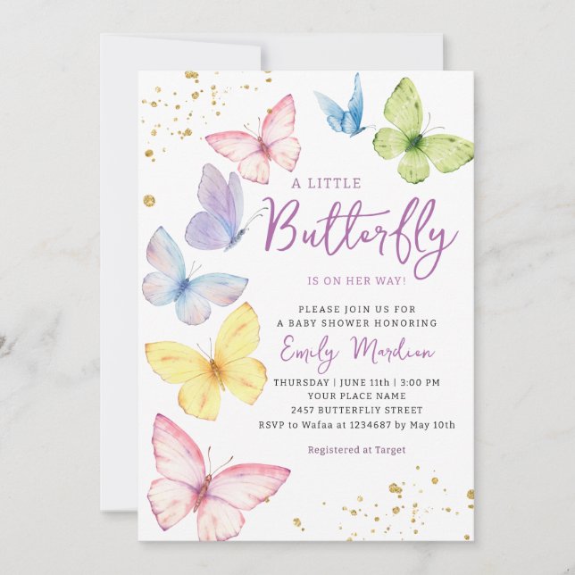 Cute girl pink a little butterfly chic baby shower invitation (Front)