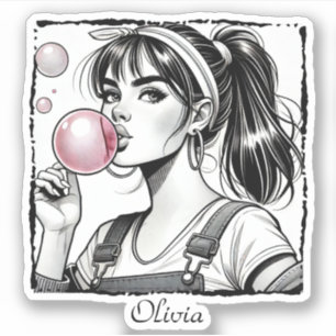 Cute Girl Pink Bubble ,Comic Fun,Black & White