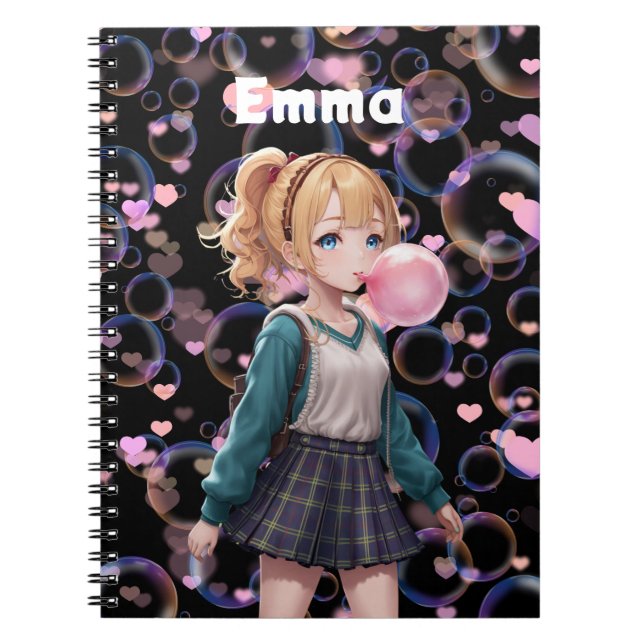 Cute Girl, Pink Bubble Gum Bubble, Personalised Notebook (Front)
