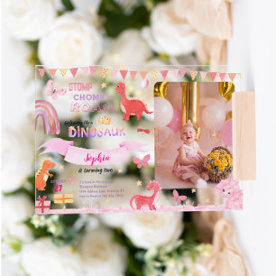 Cute Girl Pink Dino Dinosaur Photo Kids Birthday Acrylic Invitations