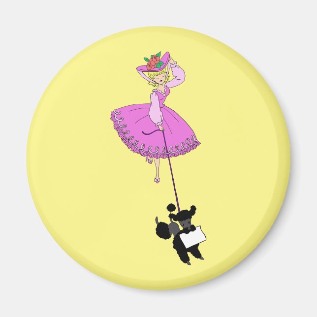Cute Girl Pink Dress Black poodle original cartoon Magnet (Front)