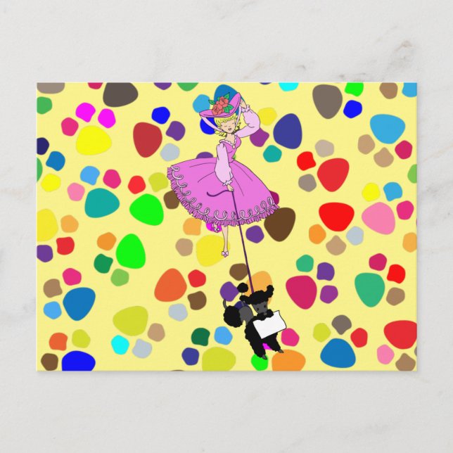 Cute Girl Pink Dress Black poodle original cartoon Postcard (Front)