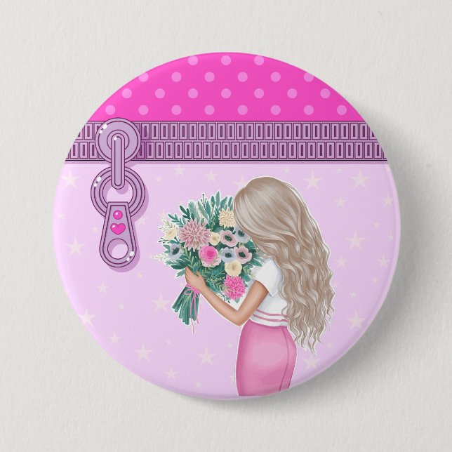 Cute girl & pink Flowers elegant floral design  7.5 Cm Round Badge (Front)
