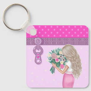 Cute girl & pink Flowers elegant floral design Key Ring