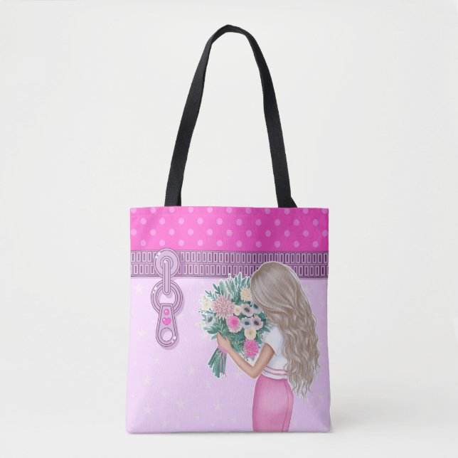 Cute girl & pink Flowers elegant floral design  Tote Bag (Front)
