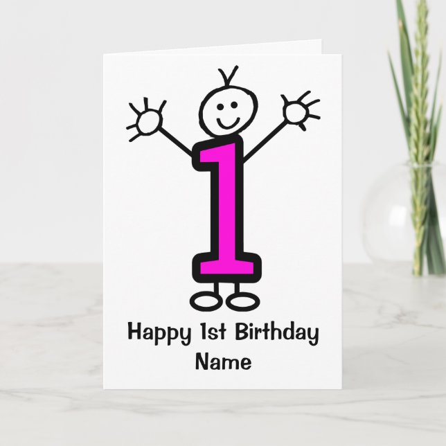 Cute Girl Pink Funny Cartoon 1st Age Birthday Card (Front)