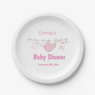 Cute Girl Pink Laundry Clothesline Baby Shower  Paper Plate