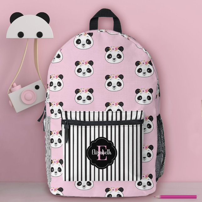Cute Girl Pink Panda Bear Monogram School Printed Backpack (A cute panda face pattern backpack. So cute for a girl for back to school!)