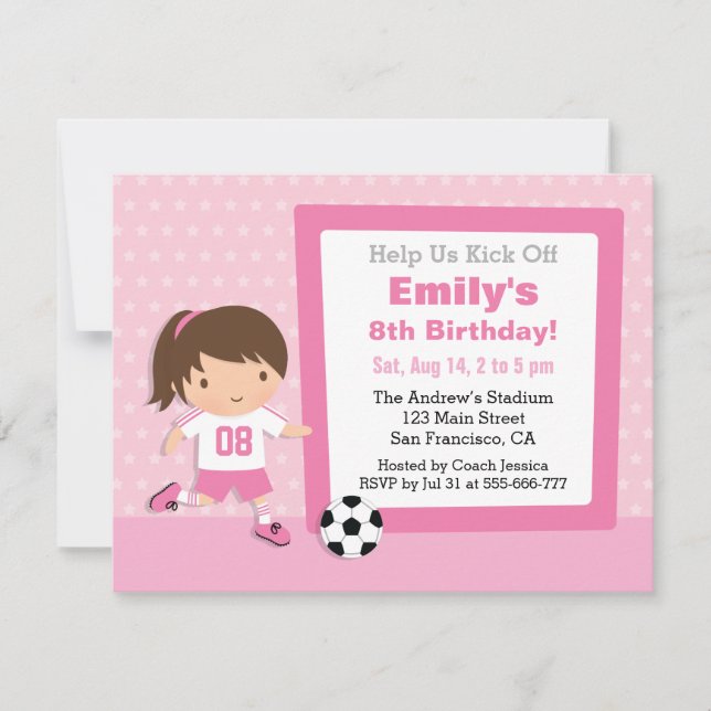 Cute Girl Pink Soccer Birthday Party Invitations (Front)