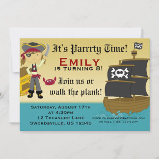 Cute Girl Pirate Ship Birthday Party Invitation