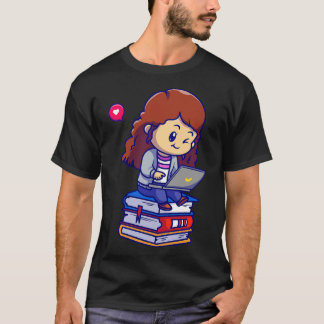 Cute Girl Playing Laptop On Book Cartoon T-Shirt