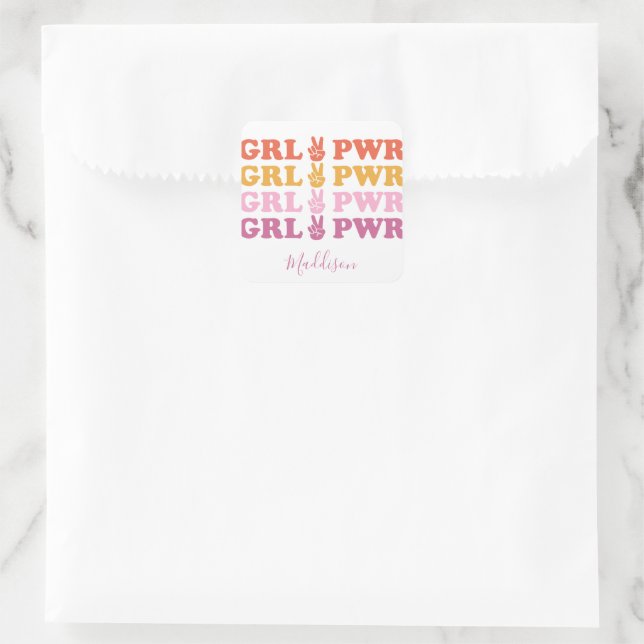 Cute Girl Power Peace Sign Square Sticker (Bag)