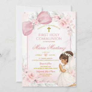 Cute Girl Praying Pink Bow First Holy Communion Invitation