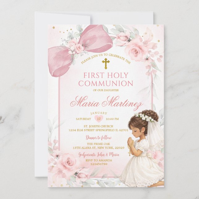 Cute Girl Praying Pink Bow First Holy Communion Invitation (Front)