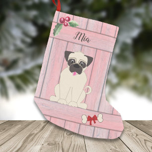 Cute Girl Pug Pink Wooden Fence Monogram Small Christmas Stocking