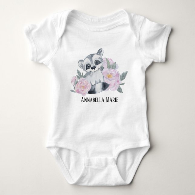 cute girl racoon add name baby bodysuit (Front)