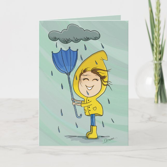 Cute Girl Rainy Windy Day Graphic Encouragement Note Card (Front)