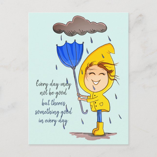 Cute Girl Rainy Windy Day Graphic Encouragement Po Postcard (Front)