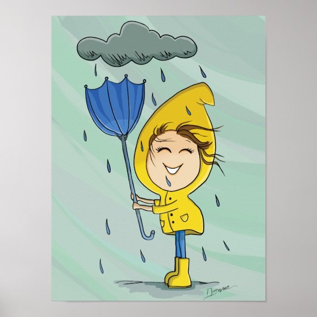 Cute Girl Rainy Windy Day Graphic Poster (Front)