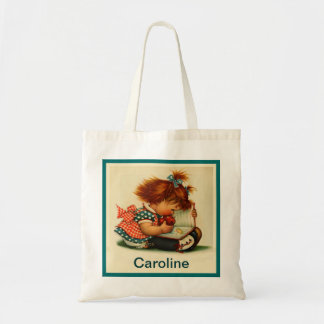 Cute Girl Reading a Book with Name Bag