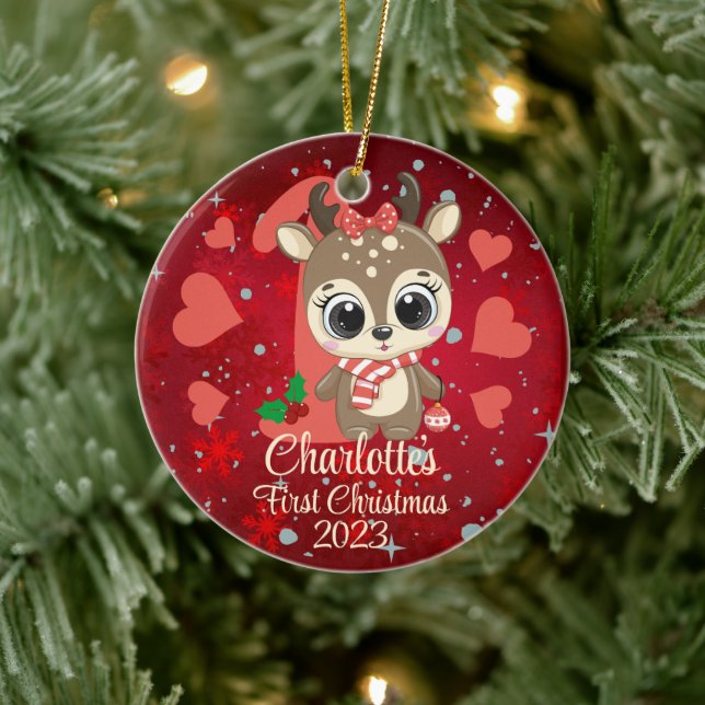 Cute Girl Reindeer Baby’s First Christmas Red Ceramic Ornament (Tree)