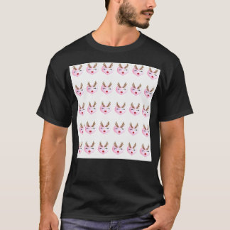 Cute Girl Reindeer Face On Pink Heart Background T-Shirt