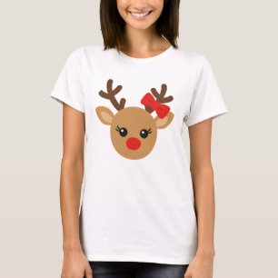 Cute Girl Reindeer Face Red Nose Bow Christmas T-Shirt