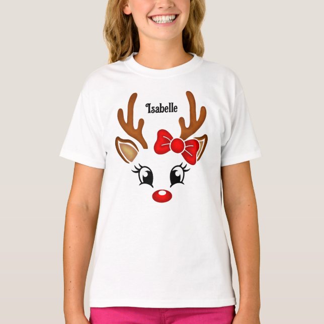 Cute Girl Reindeer Face T-Shirt (Front)