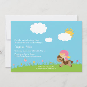 Cute girl riding a horse birthday party invitation