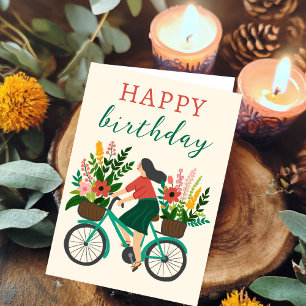 Cute Girl Riding Bicycle w Flowers Happy Birthday Card