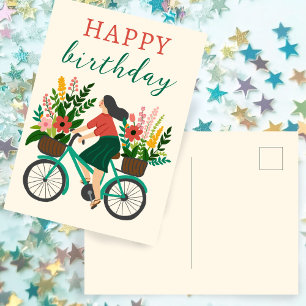 Cute Girl Riding Bicycle w Flowers Happy Birthday Postcard