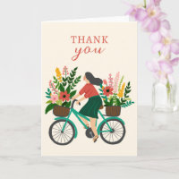 Cute Girl Riding Bicycle w Flowers THANK YOU