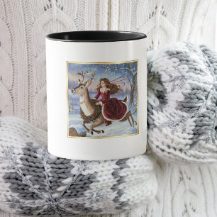 Cute Girl riding Deer in Snow, Romantic, Modern Mug