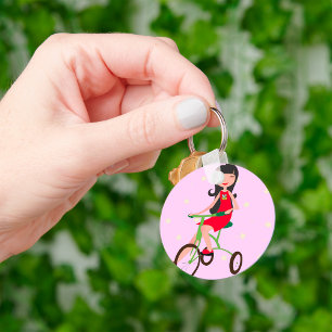 Cute Girl Riding Tricycle Cartoon Key Ring