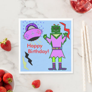 Cute Girl Robot Pink Spaceship Birthday Napkins