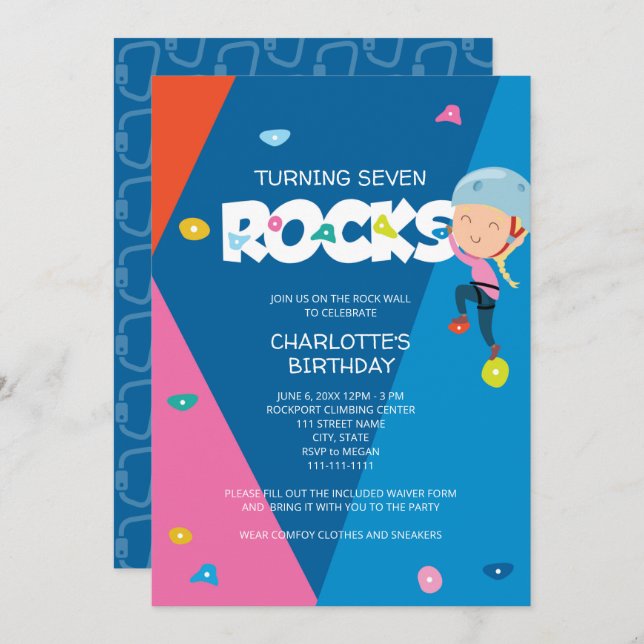 Cute Girl Rock Climbing Birthday Invitation (Front/Back)
