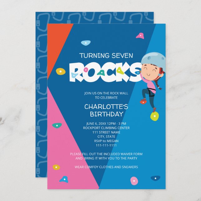 Cute Girl Rock Climbing Birthday Invitation (Front/Back)