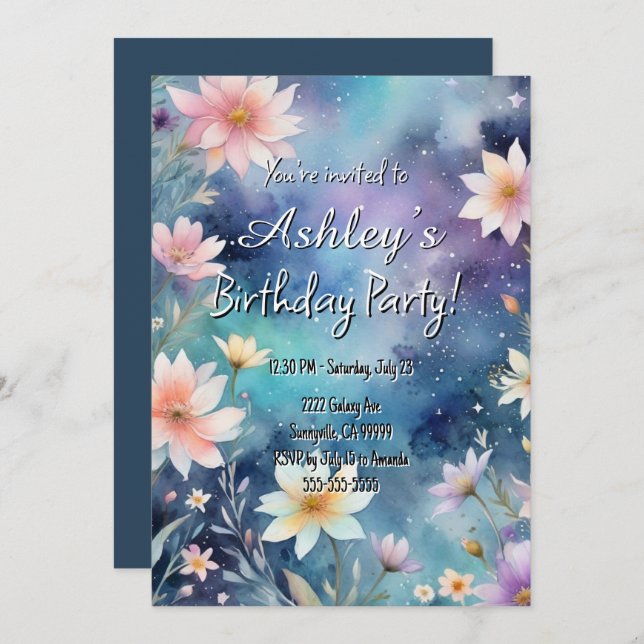 Cute Girl’s Space & Flower Themed Birthday Party  Invitation (Front/Back)