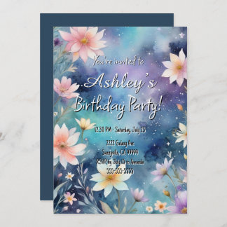 Cute Girl’s Space & Flower Themed Birthday Party  Invitation