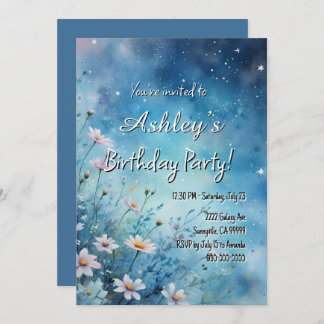 Cute Girl’s Space & Flower Themed Birthday Party  Invitation