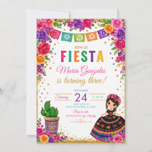 Cute Girl Señorita 3rd Birthday Mexican Pink Dress Invitation